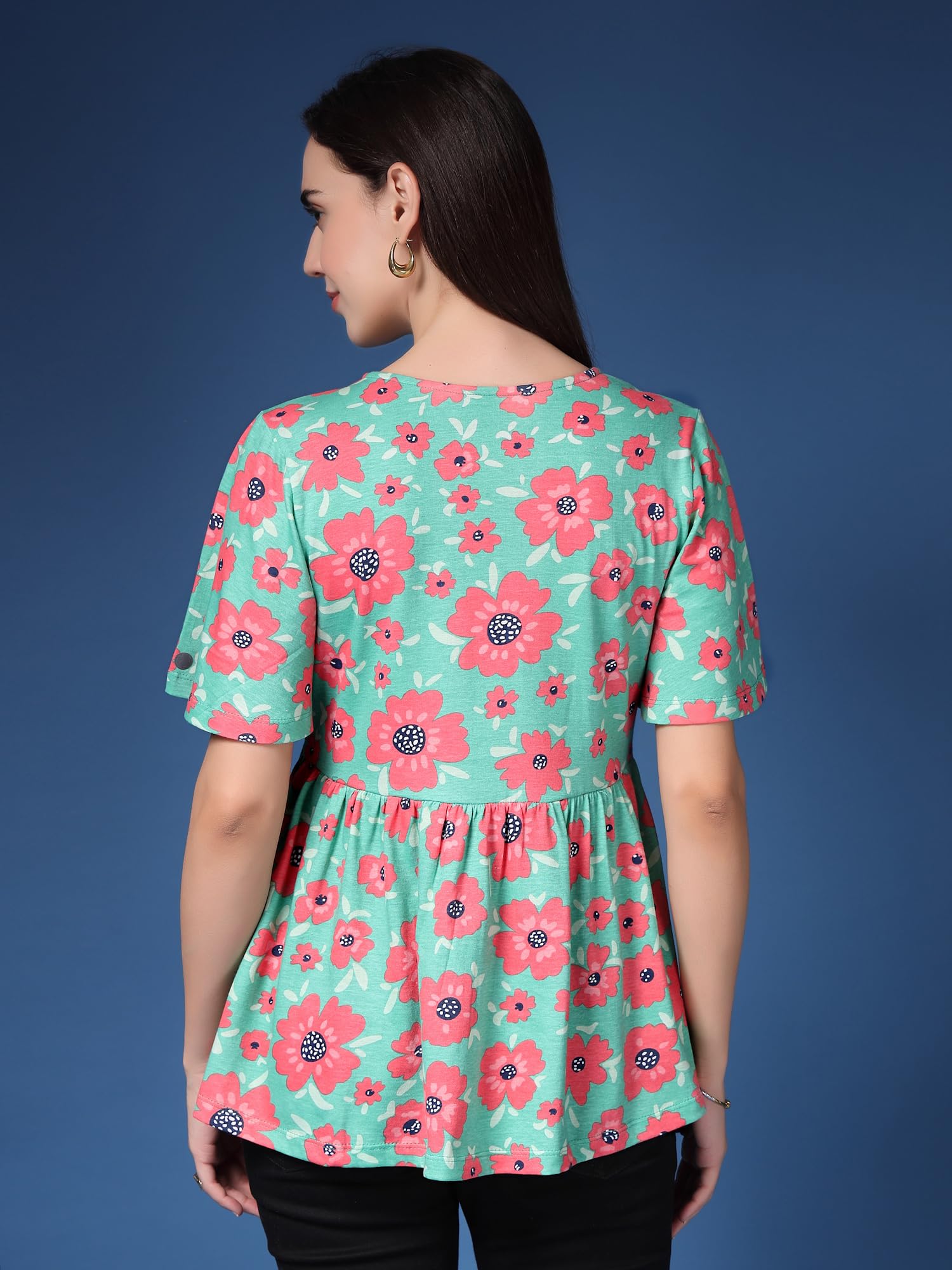 ZELENA Rhea Floral Maternity & Nursing Top | Cotton Stretch Flutter Sleeve Feeding Wear with Hidden Zips | Pregnancy & Postpartum Friendly Green - Image 2 thumbnail