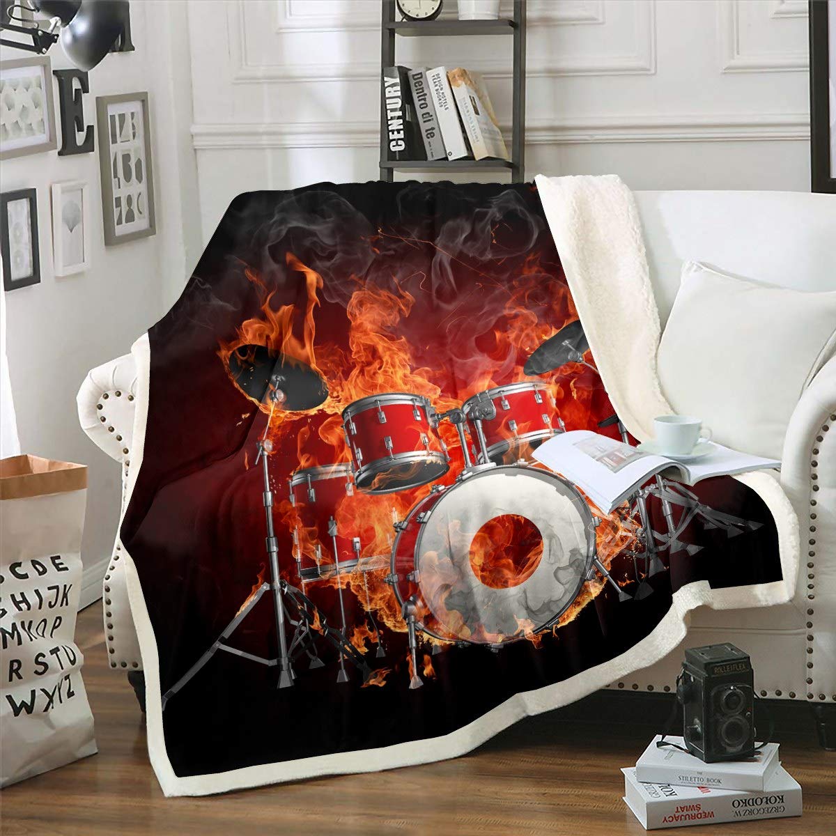 Loussiesd Boys Multi 3 Drum Kit Rock Music Theme For Kids Teens Musical Instrument Plush Blanket Campus Band Concert Fuzzy Blanket For Sofa Bed Couch Double 60X79 Inch