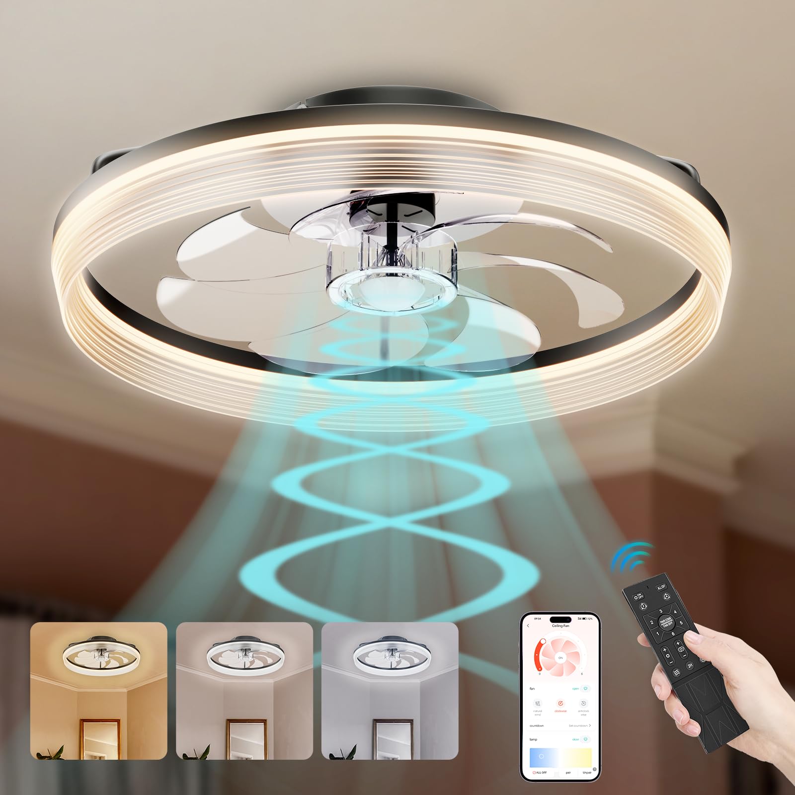 FIMEI19.7'' Ceiling Fans with Light and Remote, 6 Speeds Blade Reversal & Dimmable, Remote Control & APP, Quiet Ceiling Fan with Lamps for Living Room, Dining Room, Bedroom, Office, Timer