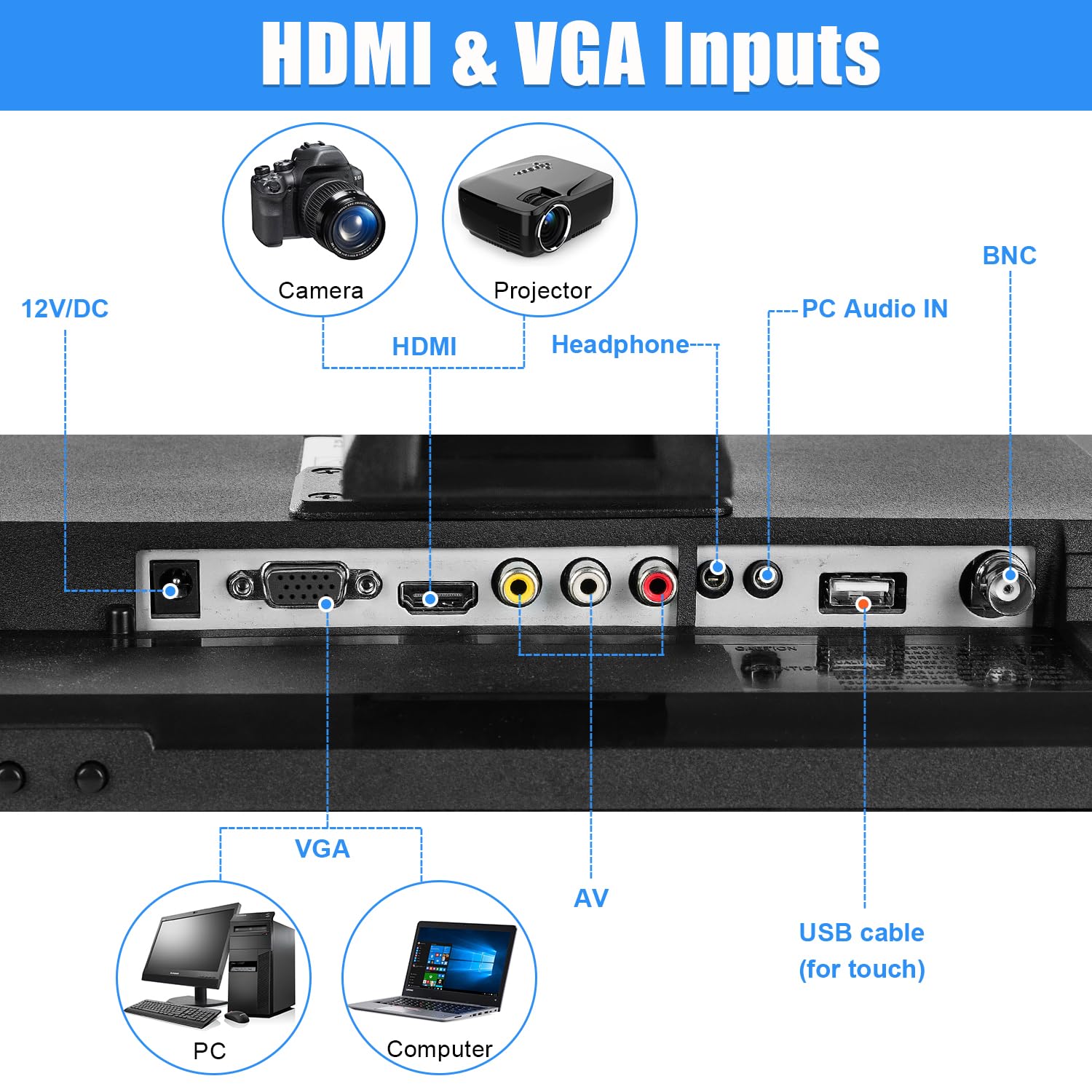15 cal Ekran Dotykowy 1024x768 Wsparcie HDMI VGA AV USB BNC, 10 Punktów Pojemnościowy Ekran Dotykowy TFT LED Monitor dla PC Laptop Xbox PS5 PS4 Przełącznik POS Systems Wbudowany w