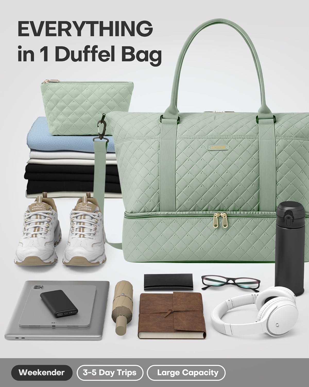 HOTOR Travel Duffel Bag - Weekender Bags for Women, Gym Tote Bags with Shoe Compartment, Carry On Overnight Bag with Toiletry Bag for Travel Essentials and Travel Accessories, Green, 13.4"×17.3"×7.9" - Image 4