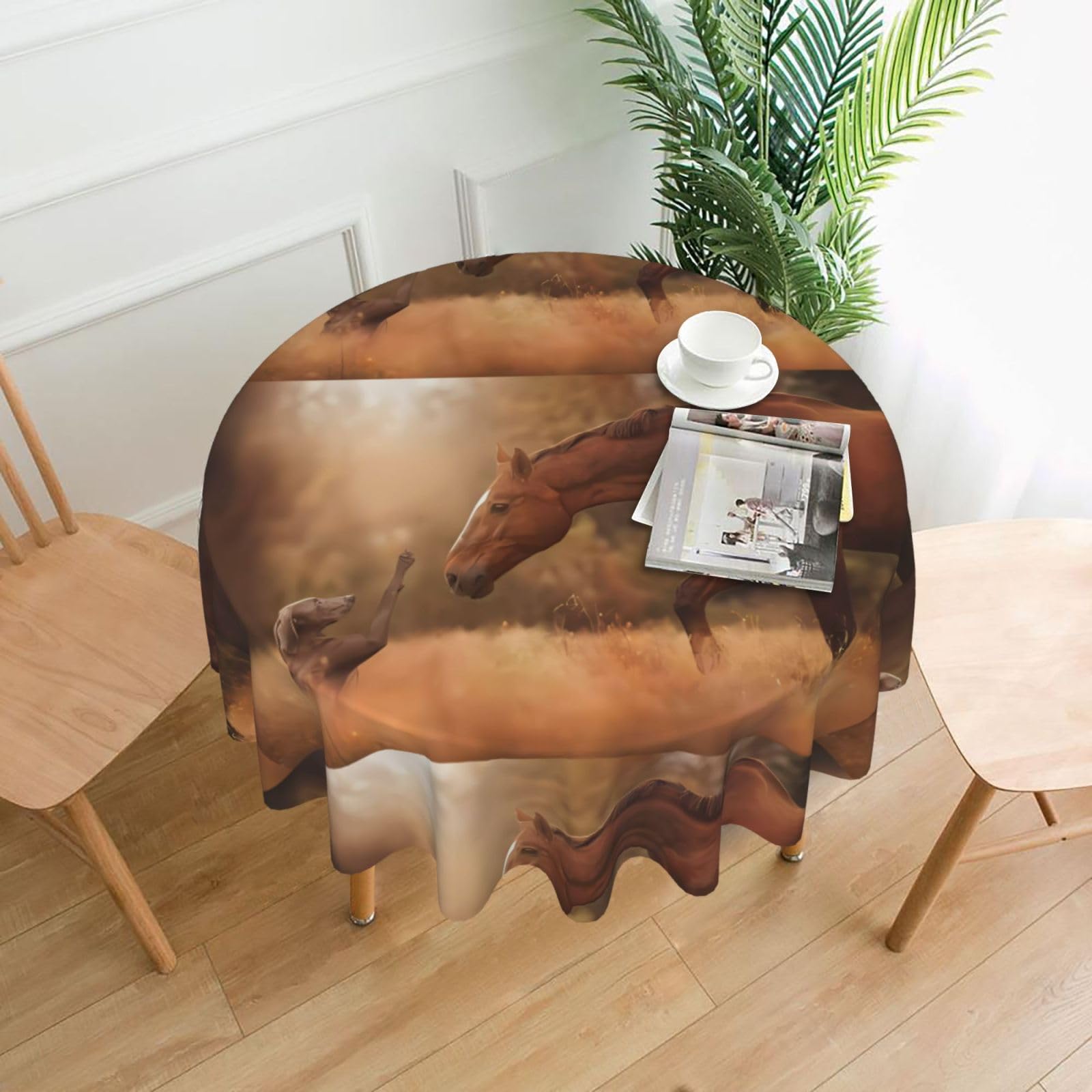 WHJSSF Horse Meets Dog Prints Round Decorative Table Throw 60 Inch – Waterproof Table Cover for Dining, Coffee Tables, and Outdoor Events
