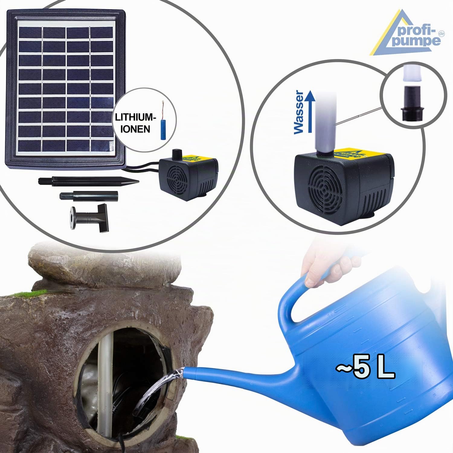 Solar Gartenbrunnen Brunnen Solarbrunnen Zierbrunnen Wasserfall Gartenleuchte Teichpumpe für Terrasse, Balkon, mit Pumpen, mit Liion-Akku & Led-Licht (Stein-Kaskade SCHWARZWALD)