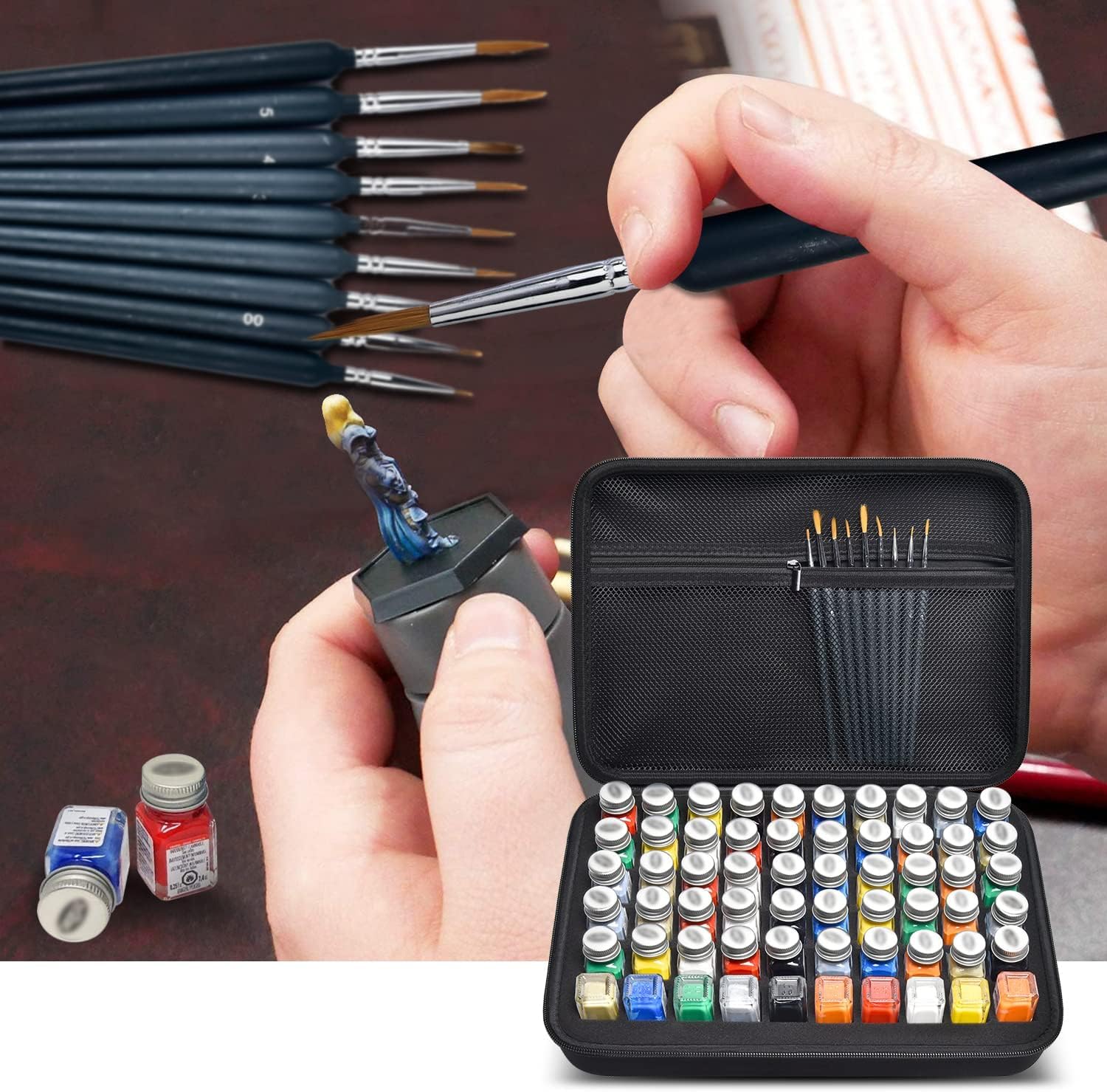 Model Paint Storage Case for Testors Paint Set, Paints Organizer Carrying Bag Holds 60 Bottles with 9 Fine Detail Miniatures Brushes, Enamel Container, Drawing Ink Holder- Box Only (Black)