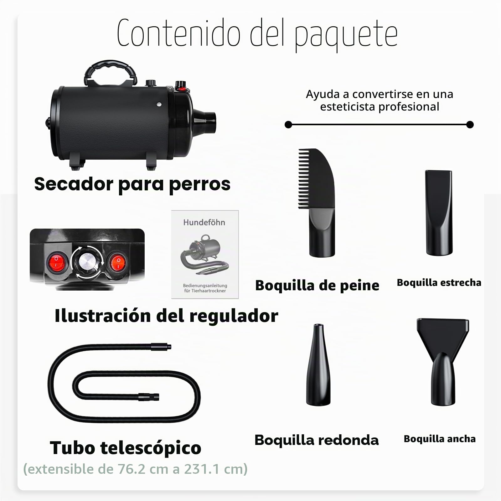 Secador de Pelo de Perro Blaster 3000 W, Secador de Pelo para Mascotas, Calentador de Temperatura de bajo Ruido con 4 boquillas Diferentes,Negro Profundo