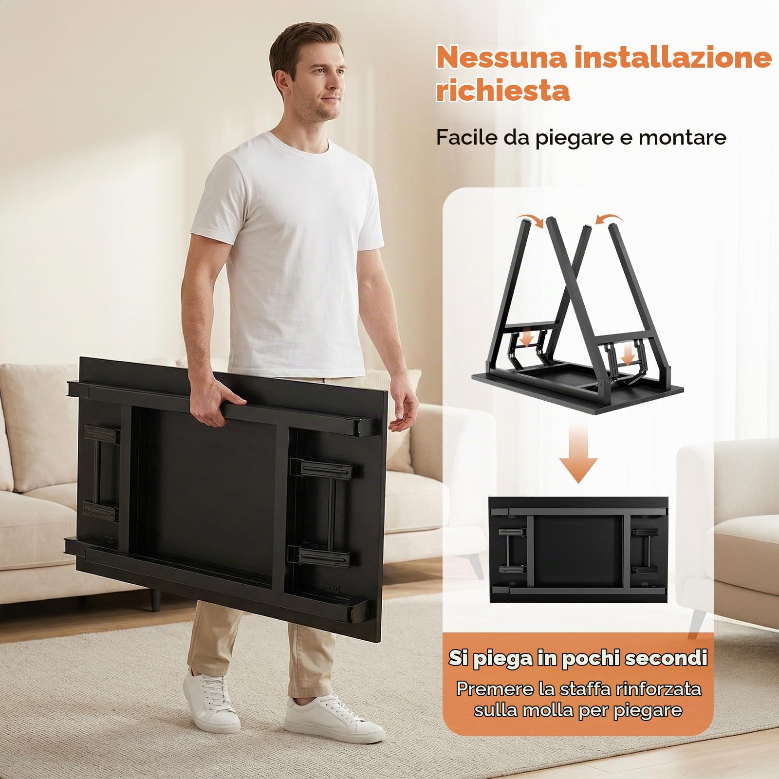 Tavolo pieghevole, scrivania per computer, capacità di carico 150 kg, spazioso piano con ampio spazio per gambe, robusto telaio in acciaio, nessun montaggio richiesto, tavolo da scrittura