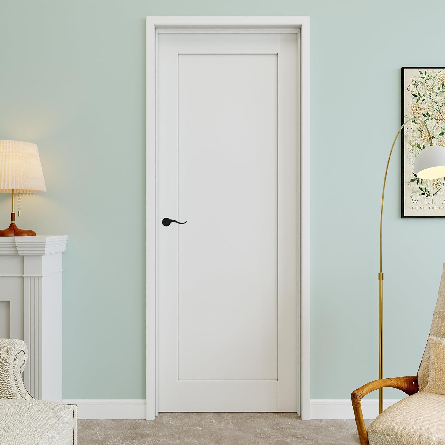 32" x 96" Full Panel Interior Prehung Door with Curve Lever and Black Hinges, Solid Core Door Slab, Paintable & Waterproof, Laundry, Closet Doors, Room Doors, Left Hand