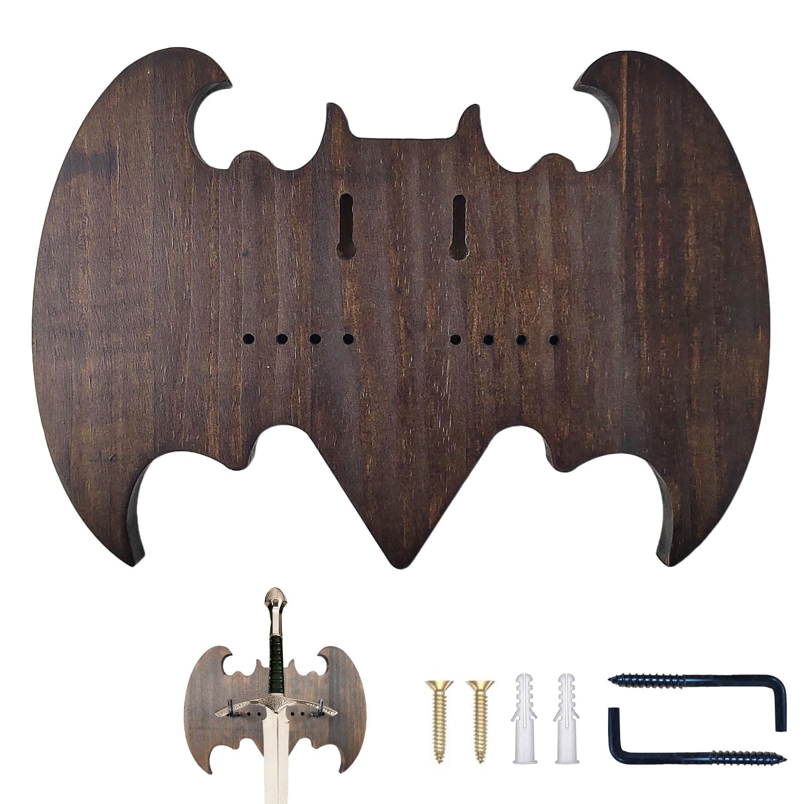 Porta Katana da Muro 29.5 × 21 cm, a Forma di Pipistrello, in Materiale di Pino, Distanza Minima 4.3 cm, Distanza Massima 12.4 cm, per Appendere Spade, Asce e Altre Armi