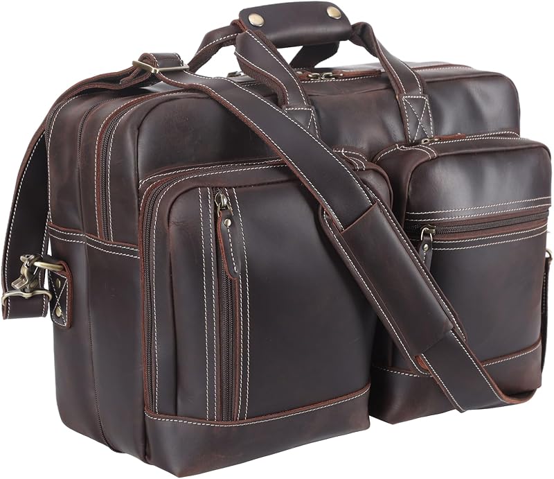 Expandable Leather 17" Laptop Travel Messenger Duffel Bag Men | Large Overnight Weekend Business Trip Duffel Bags with Luggage Strap, Crossbody Shoulder Computer Briefcase