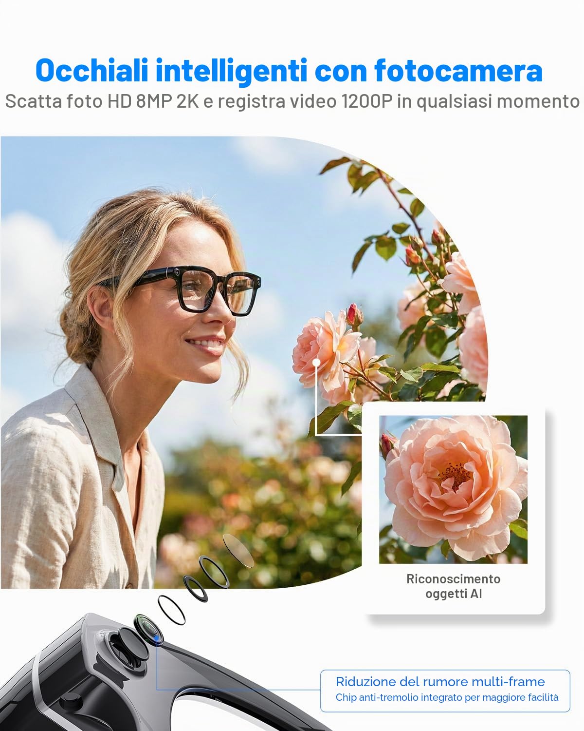 Occhiali Intelligenti Con Fotocamera e Bluetooth, 8 MP, 32 GB, HD 1200p, Con Funzionalità di Registrazione Foto/Video/Audio, Traduzione in Tempo Reale, Assistente Vocale e Riconoscimento Degli Oggetti
