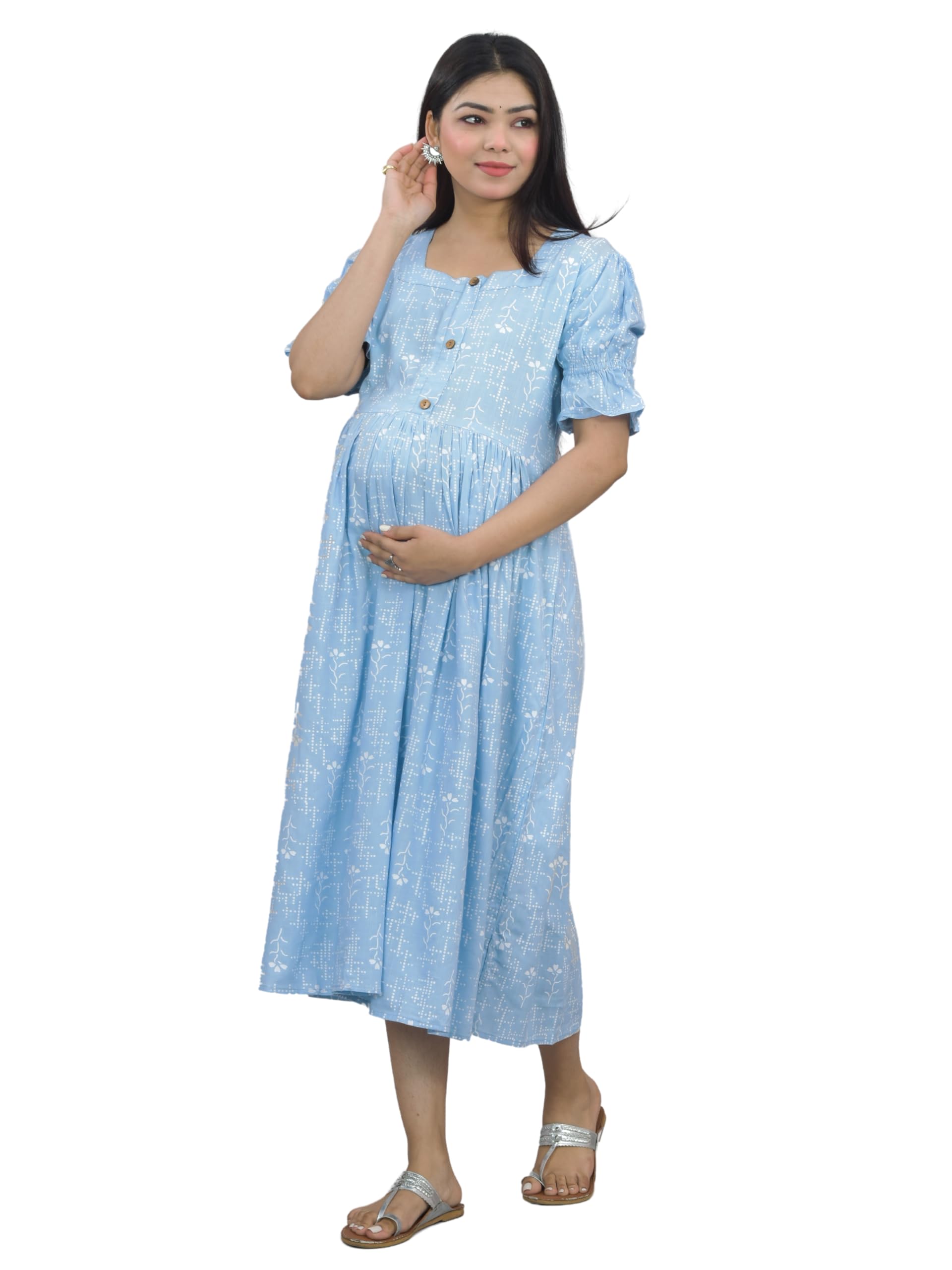 NegenRayon Maternity Dresses for Women - Floral Sky Blue Breastfeeding Maternity Gown Kurti for Pregnant Women - Nursing Pre and Post Pregnancy Wear