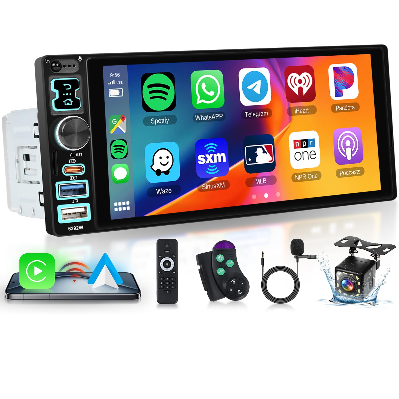 2025 Hodozzy Autoradio 1 Din avec sans Fil Carplay Android Auto avec Ecran 6,8 Pouces, 1 Din Poste Radio Voiture Bluetooth, Ecran Tactile avec Mirror Link/FM/2 USB/USB-C avec Caméra de Recul