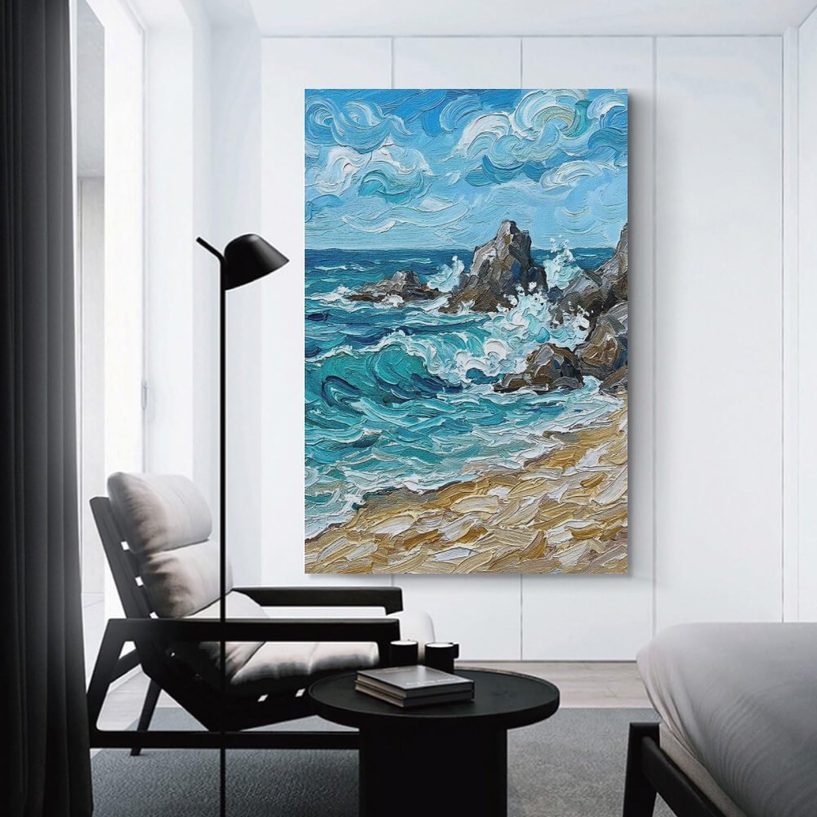 Junmoney Impasto Seascape with Rocks And Waves Wall Art Print, 20x30inch(50x75cm), for Study, Office Or Focused Interiors, Home Office Artwork with Decorative Appeal
