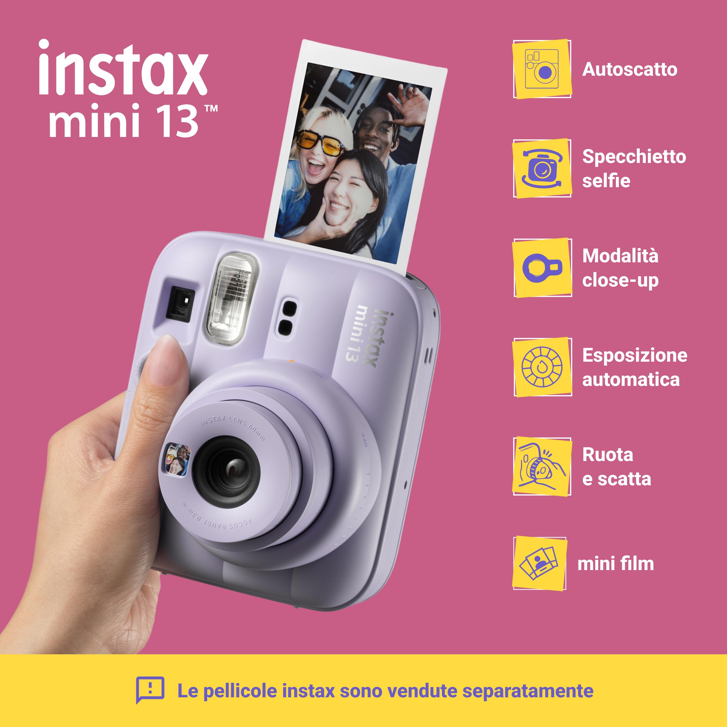 Fujifilm instax mini 13 Dreamy Purple, Fotocamera Istantanea Ibrida | Specchietto Selfie e Modalità Autoscatto, Esposizione Automatica, Flash Integrato, Design Pop, Dimensioni Stampa 86mm x 54mm