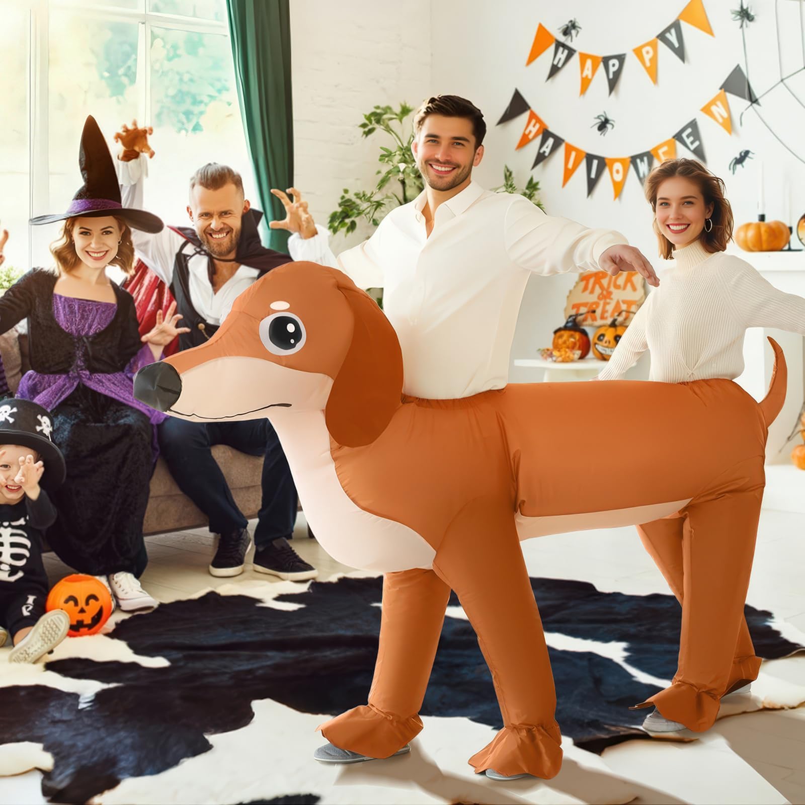 Poptrend Disfraz inflable de perro salchicha doble para adulto, disfraz inflable doble para perro, disfraz de perro salchicha para Halloween, disfraces divertidos de fiesta