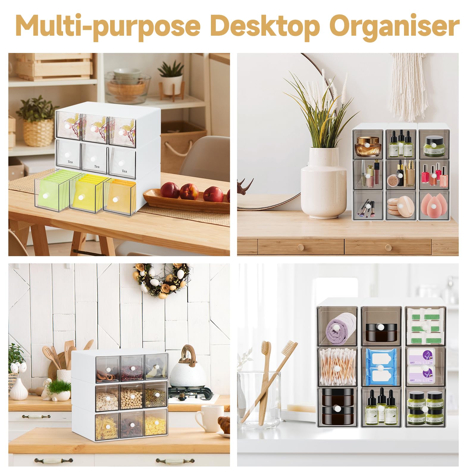 3 packs Organisateur Sachets de thé en Plastique, Empilables Boîte à thé avec 3 Tiroirs Conteneur de Stockage pour Sachets de thé Sucre Dosettes Café, Porte-paquets Organiseur Cuisine Boîte