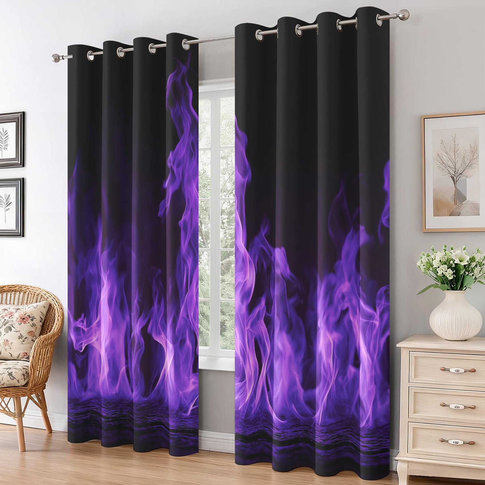 Generisch Lila Flamme Vorhänge Wohnzimmer, Vorhang Blickdicht Feuer Lila Gardinen mit Ösen Schlafzimmer, Thermo Verdunklungsvorhänge 2er Set H160 x B140 cm pw&66