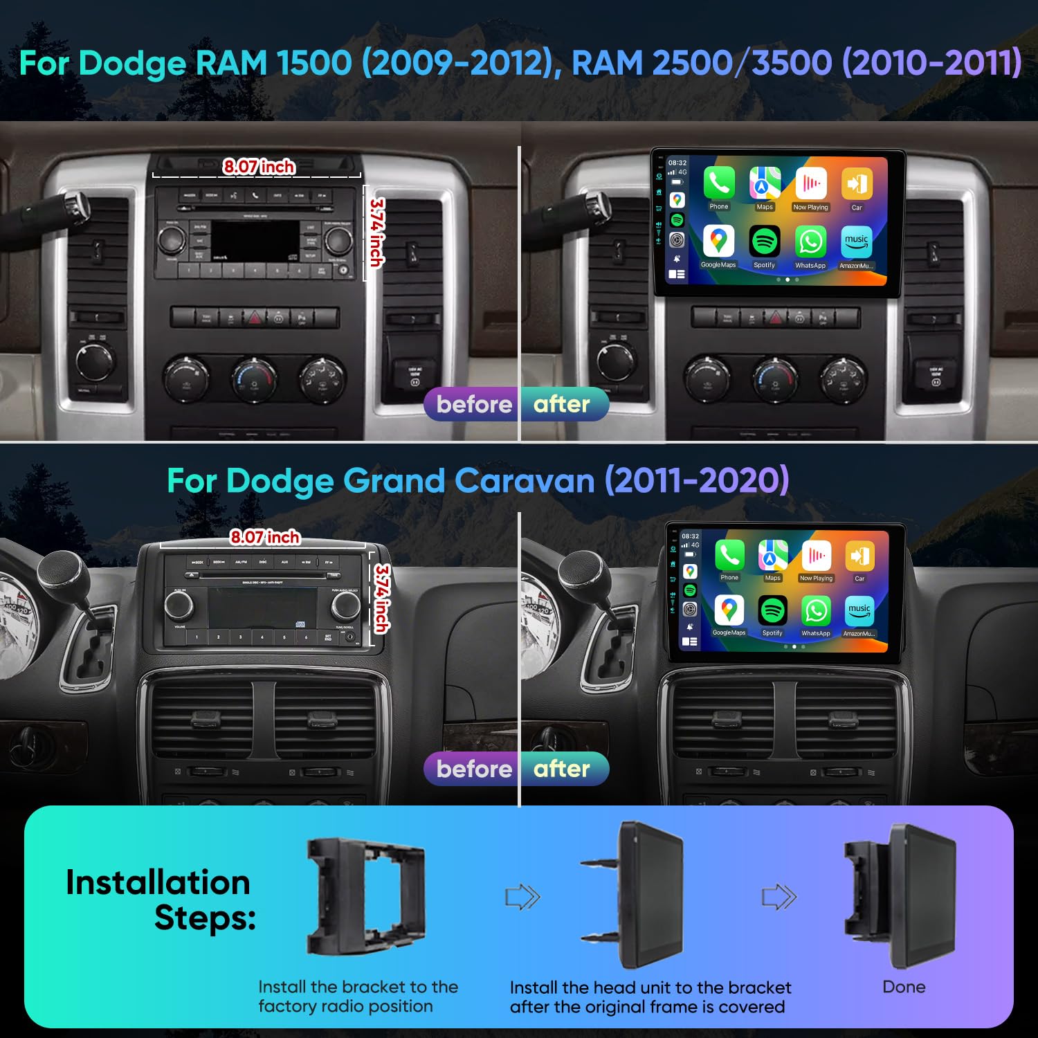 10th System & 5GWiFi6(1201Mbps) for Dodge RAM 1500 2500 3500 Radio Upgrade 2009 2010 2011 2012,Android 13 Stereo Replacement,AM+FM,Wireless/Wired Carplay Android Auto,1080P Camera ((4Ram 64Rom) 10th)