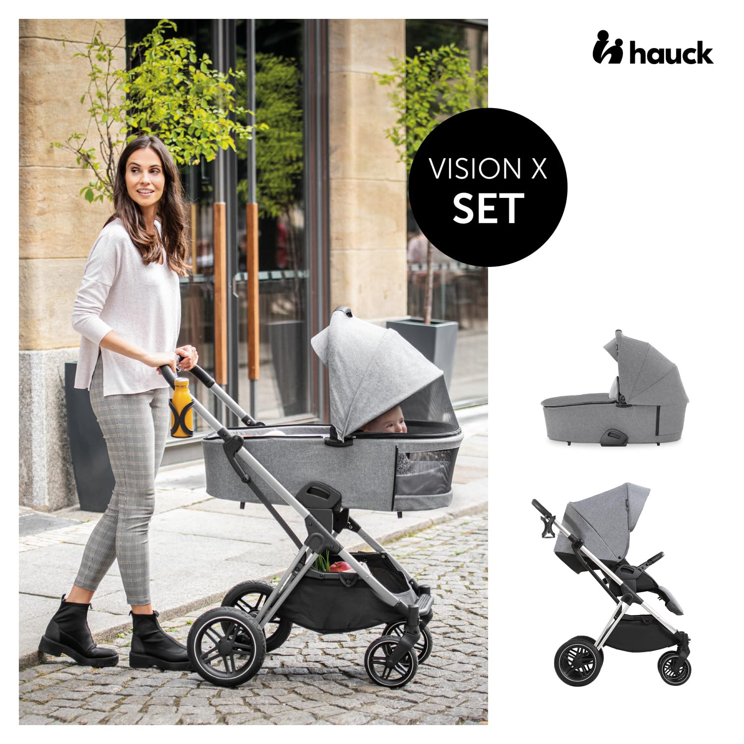 hauck Carrito Bebé 2 en 1 Vision X Set - Capazo desde el Nacimiento - Silla de Paseo 22 kg Reversible y Reclinable - Cubrepiernas - Ruedas de Goma - Plegable - Compacto - Gris Claro