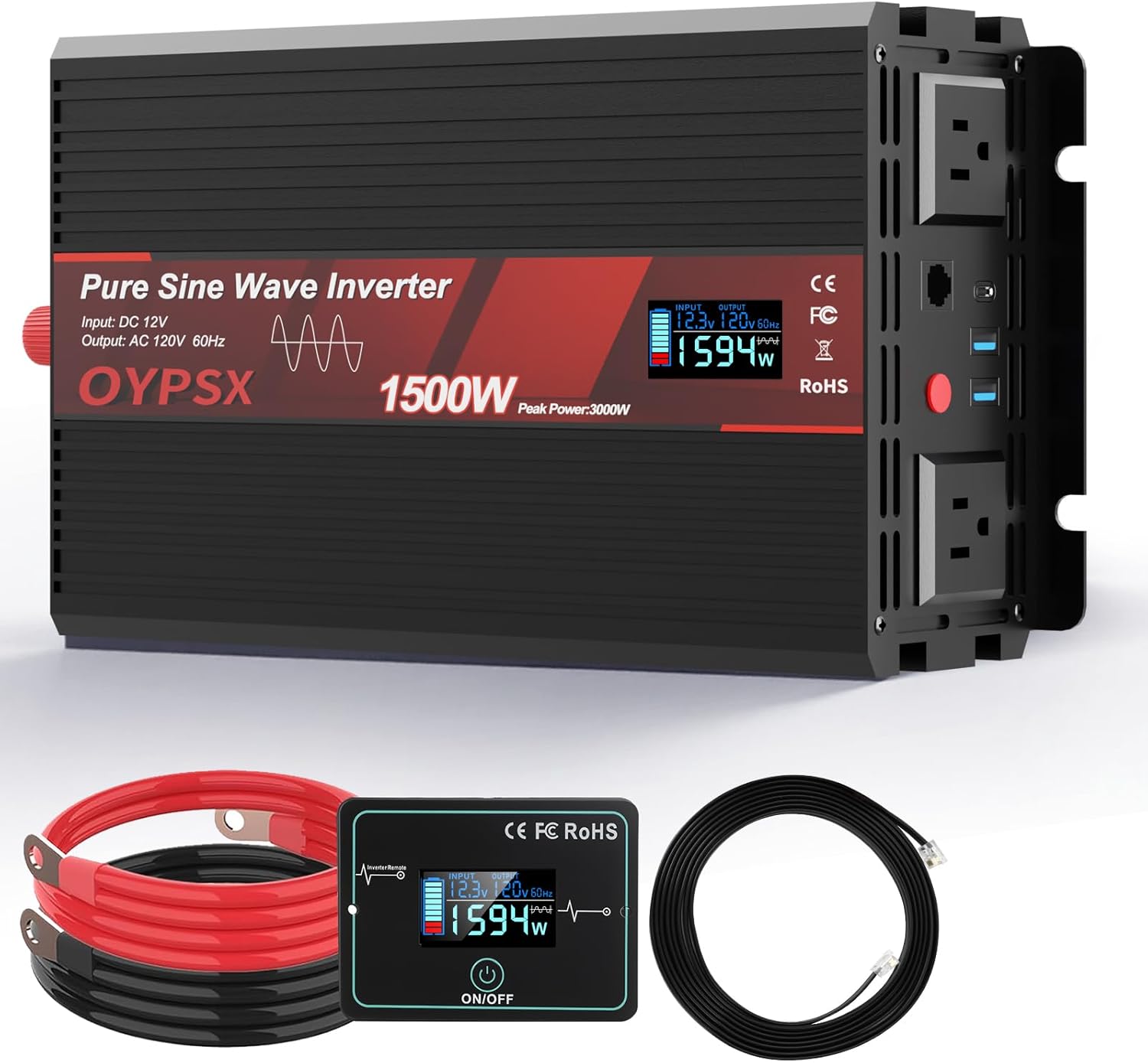 1500W Power Inverter 12V to 110V 120V AC Pure Sine Wave Inverter for RV Truck Camping,Outdoor Off-Grid Power Converter with LCD Display,Wired Controller,AC Outlets USB Ports (12V-1500Watt)
