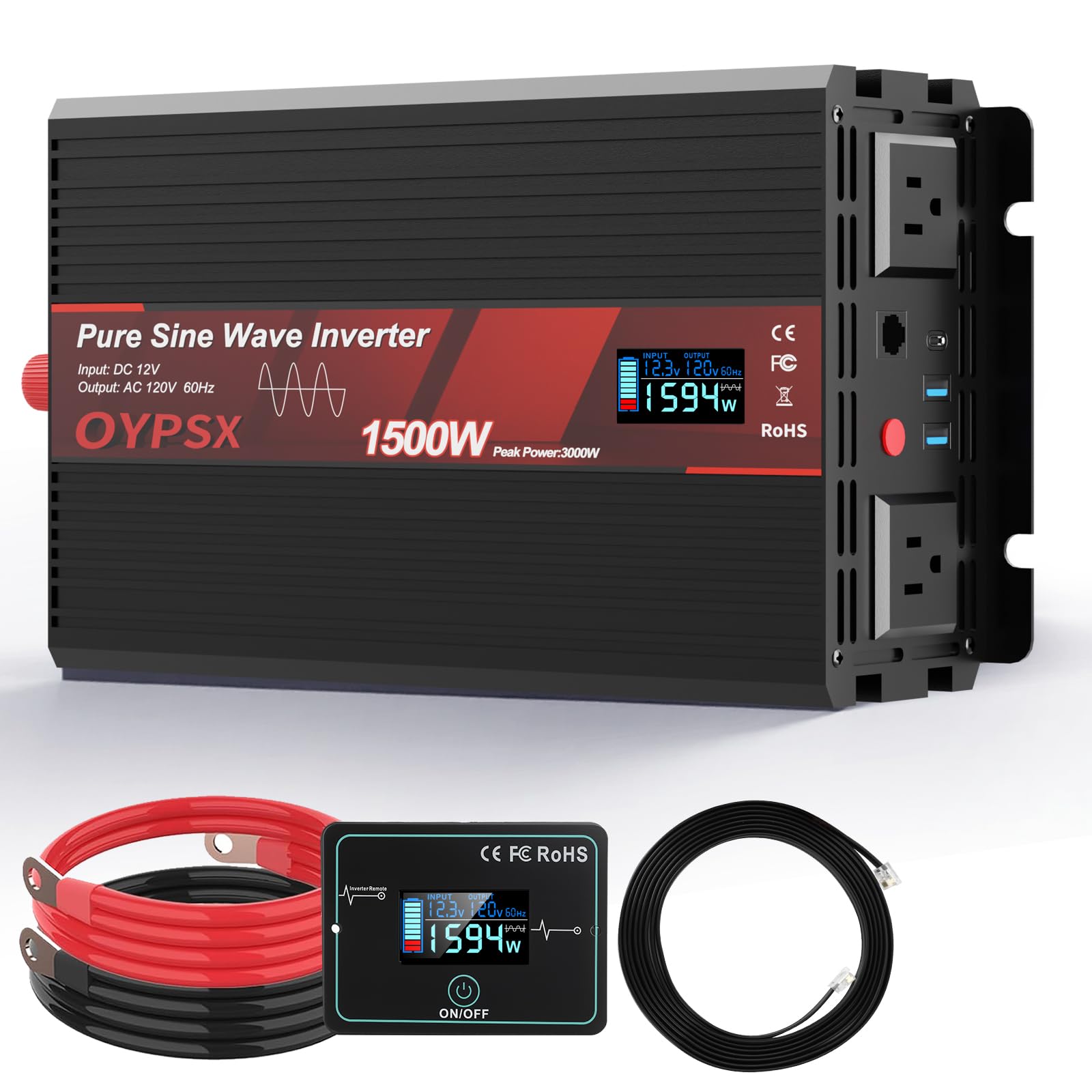 OYPSX 1500W Power Inverter 12V to 110V 120V AC Pure Sine Wave Inverter for RV Truck Camping,Outdoor Off-Grid Power Converter with LCD Display,Wired