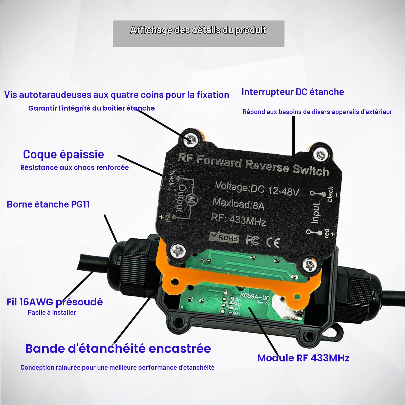 Télécommande sans fil pour moteurs, DC 12V/24V/48V/8A avec relais étanche, avant/arrière, portée de 50 m, humide/extérieur, moteurs, grues éoliennes, écran de projecteur, écran de projecteur