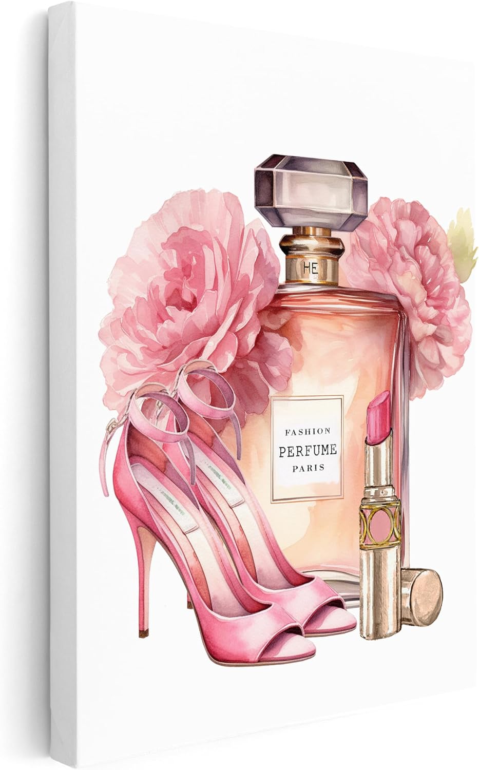 Poster Master Fashion Canvas - Pink Designer Print - Shoes, Perfume & Lipstick Art - Gift for Her & Fashionista - Haute Couture Decor for Bedroom or Girl's Room - 8x10 STRETCHED Canvas