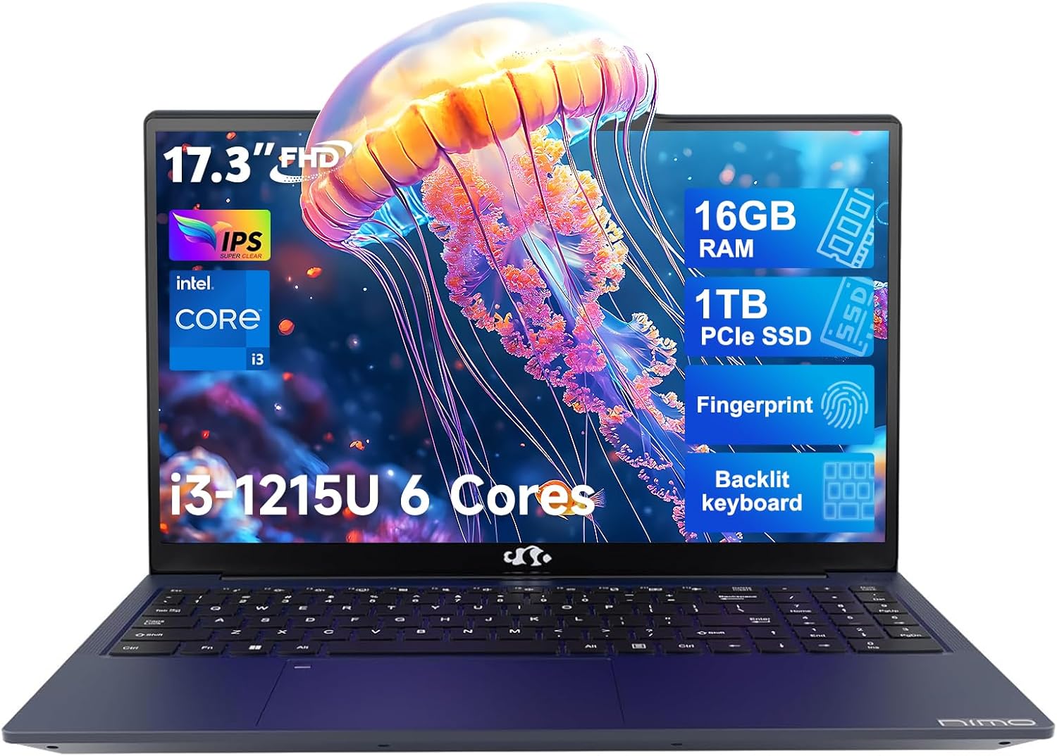 NIMO 17.3 IPS FHD-Laptop, 6 Cores Intel Core i3-1215U (Beat i5-1135G7, Up to 4.4GHz) 16GB RAM 1TB SSD Fingerprint, Business Computer with Backlit Keyboard Wi-Fi 6 Win 11