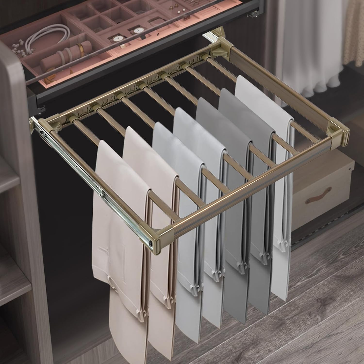 Pull Out Trousers Rack - Retractable Pants Rack - Aluminum Alloy Adjustable Wardrobe Clothes Organizer for Closet & Bedroom - Max Load 66LBS