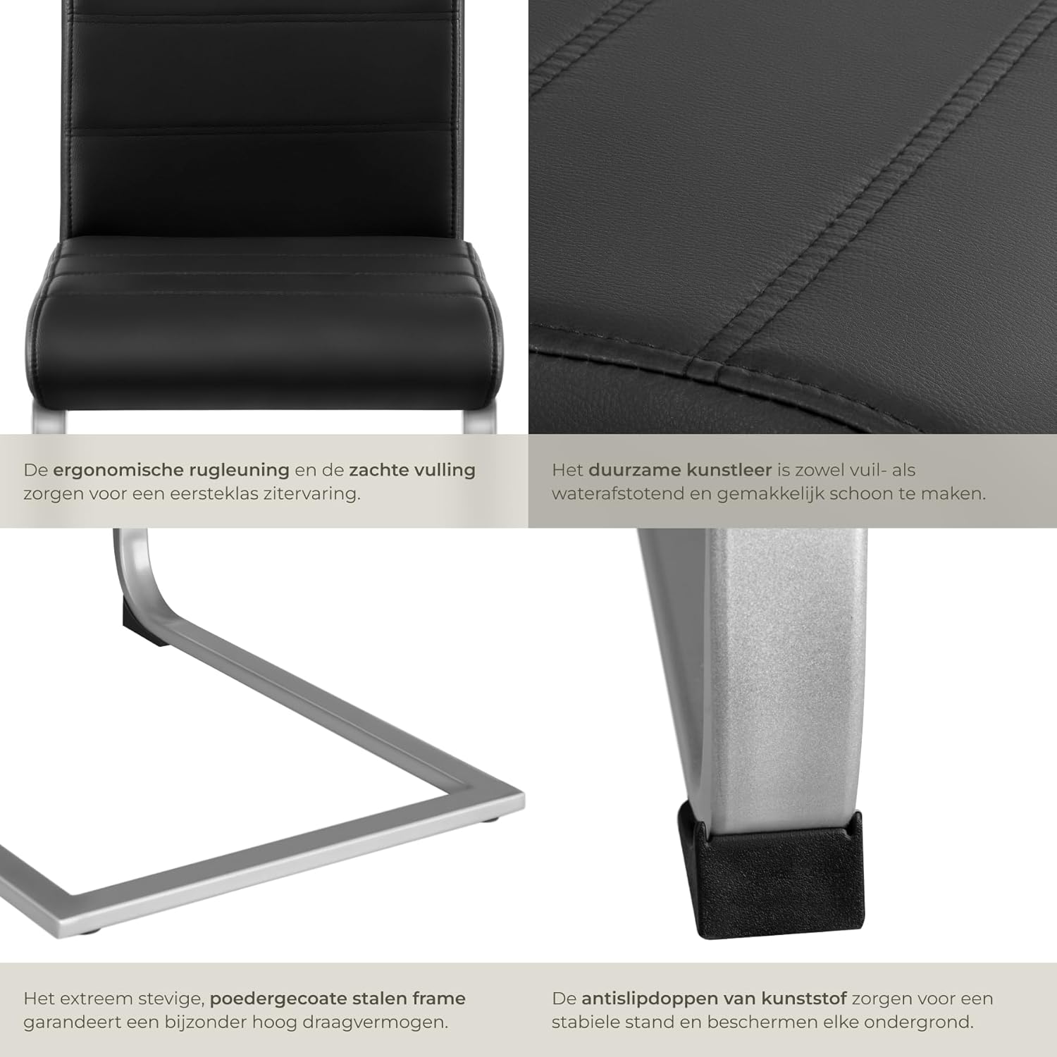 Collage showing a single tectake dining chair in various room settings: dining room, living room, kitchen, and bedroom