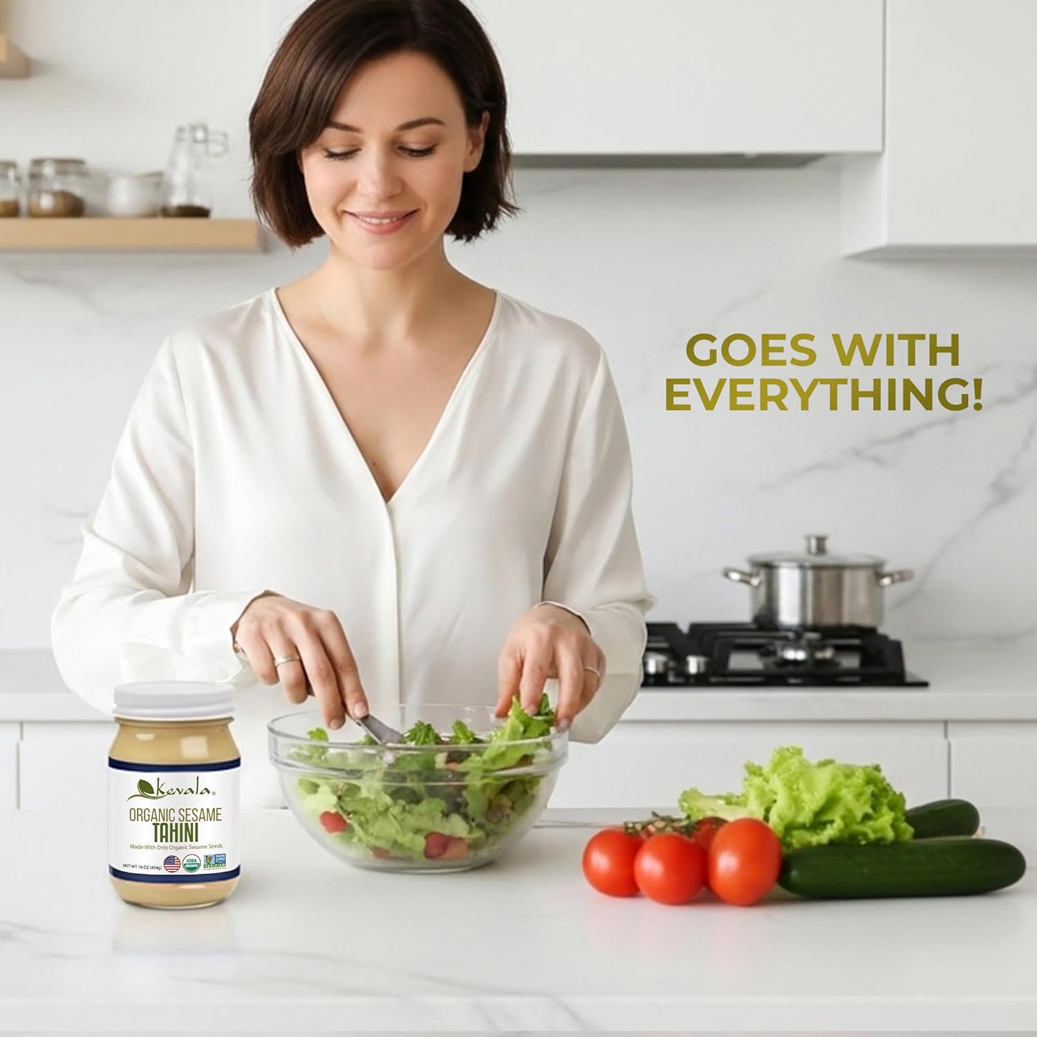 Kevala Organic Sesame Tahini – USDA Organic, Non‑GMO Project Verified & Kosher Certified | Smooth Hulled Sesame Paste in Glass Jar for Spreads, Sauces & Cooking | 16 oz Each | 2-Pack