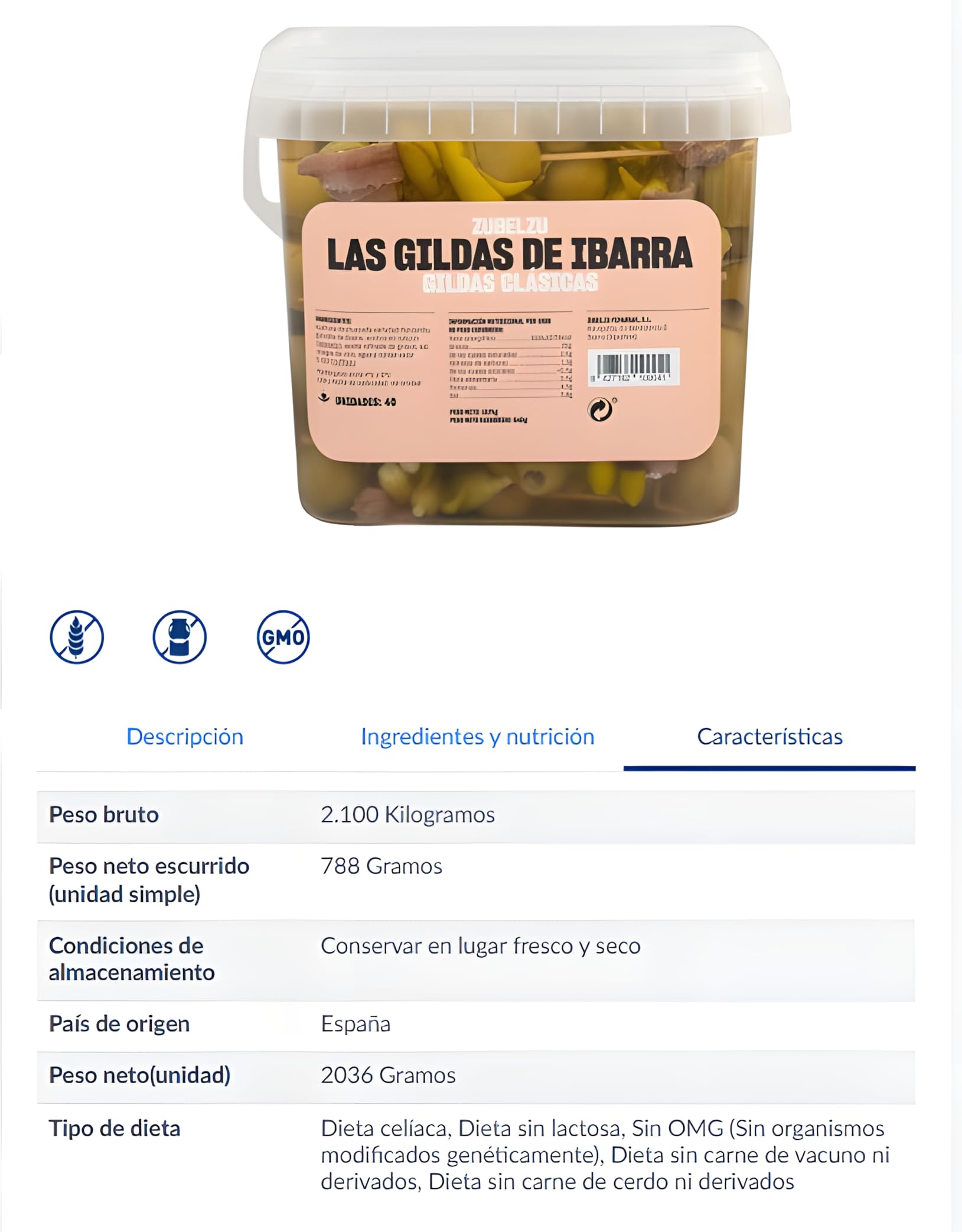 Zubelzu Gildas con Anchoa, Aperitivo Vasco en Vinagre, Cubo 788 g Escurrido (2036 g), Guindilla, Aceituna y Pepinillo – Formato Profesional para Hostelería (cubo de 788gr 40 PIEZAS)