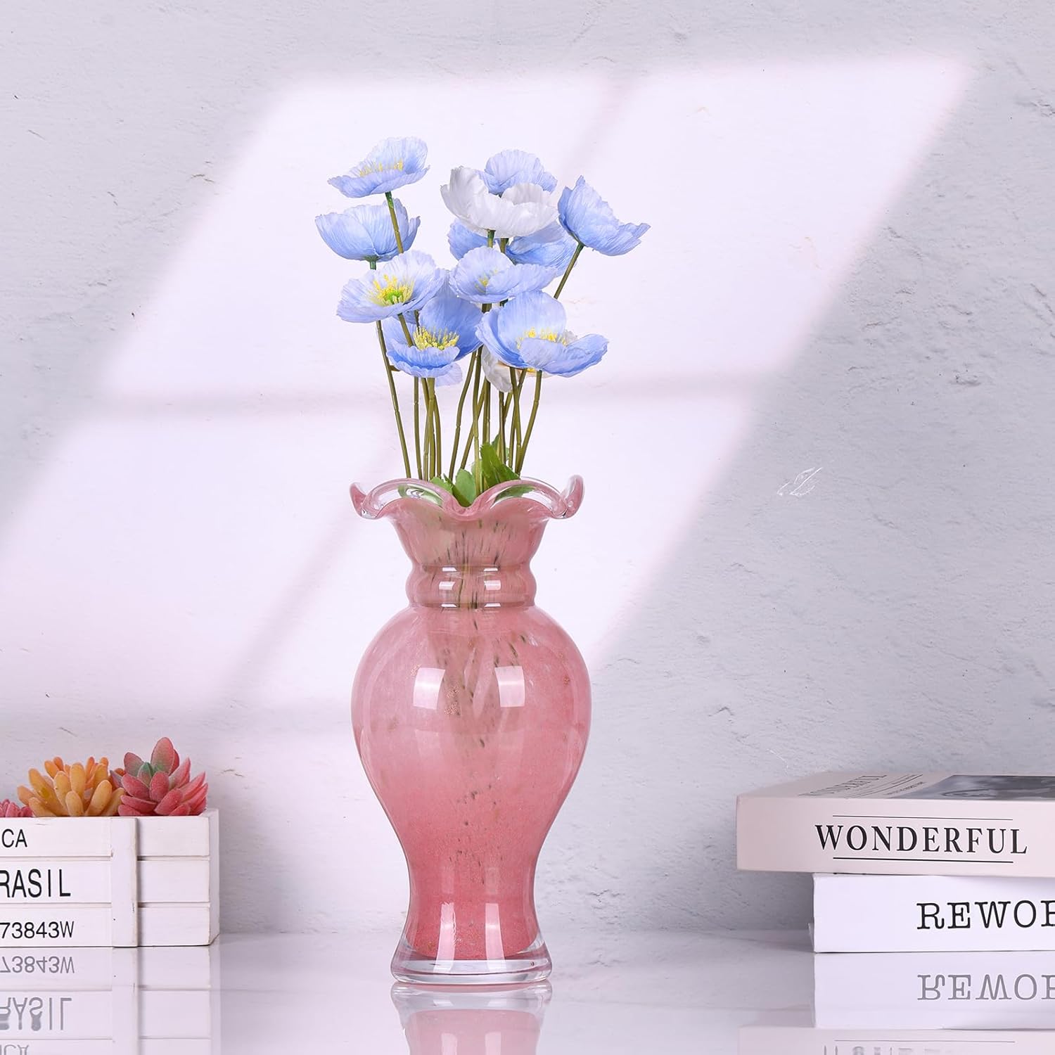 Hand Blown Glass Vase - Pink Glass Vase with Wide Mouth Decorative Centerpiece for Office, Dining Room Table, Mantelpiece and Wedding Table