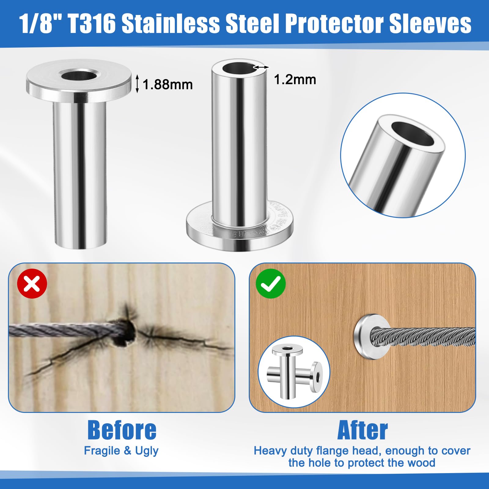 Blulu Confezione da 200 pezzi da 1/8" kit hardware per ringhiere per cavi e manicotti protettivi in acciaio inossidabile T316 per mancini e destrorsi, viti di ritardo per ponte, sistema di ringhiere