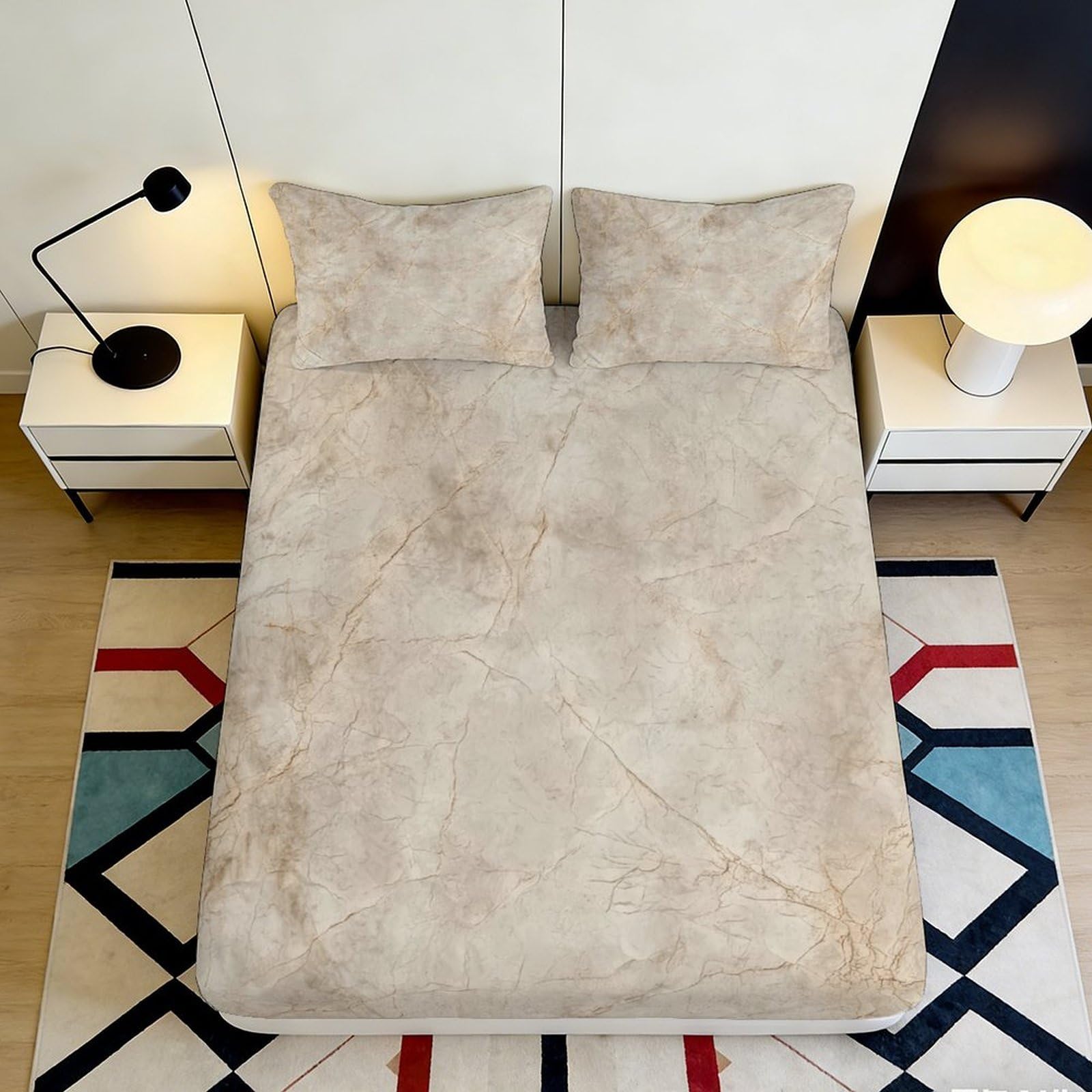 3D Printed Beige Marble Fitted Sheet Microfiber Soft Breathable Light Stone Bed Cover for Bedroom Dormitory Guest Room Mattress Protection Decor 180x200x25cm