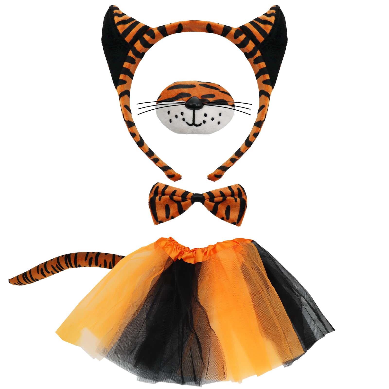WSOAFVK 5 Piece Tiger Costume Set, Kids World Book Day, Animal Fancy Dress Party, Ears Headband, Nose, Tail, Bow Tie, Tutu Skirt, Tiger Costume Accessories Set for Carnival Cosplay Christmas Party