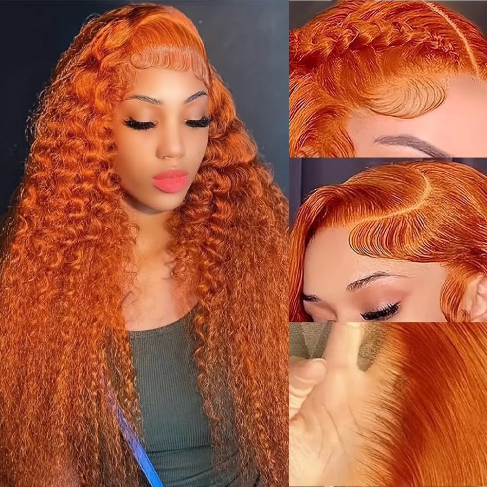 ALSZIQIHR Ginger Orange Water Wave Lace Front Wigs Human Hair Colored 13x4 HD Transparent Lace Frontal Wig for Black Women 180% Density Pre Plucked