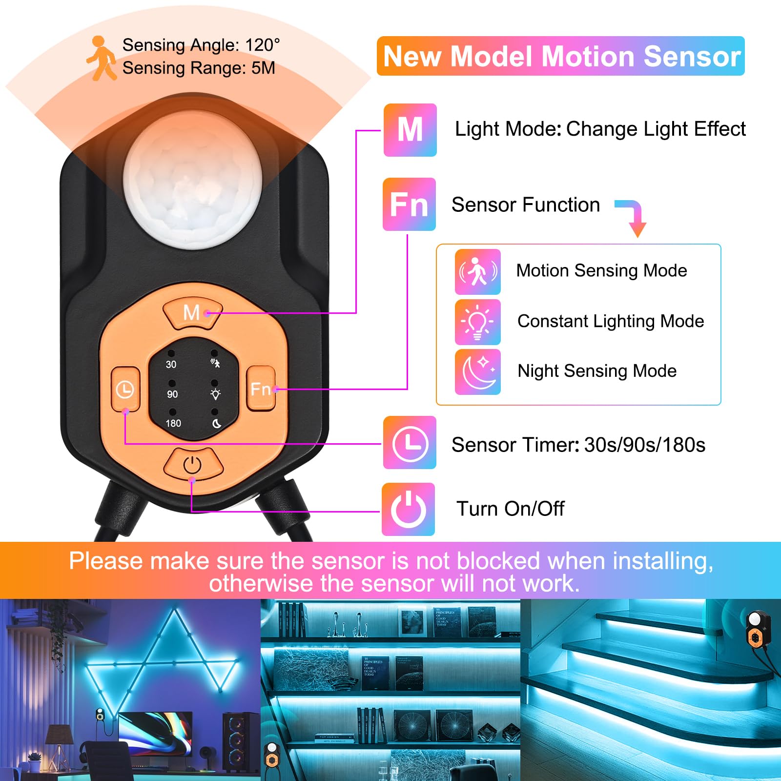 Lote de 2 tiras de luz LED con sensor de movimiento de 3 m 3 m | 3 modos | Sincronización de música | Temporizador | Cambio de color RGB | Control remoto y aplicación | Luz nocturna LED
