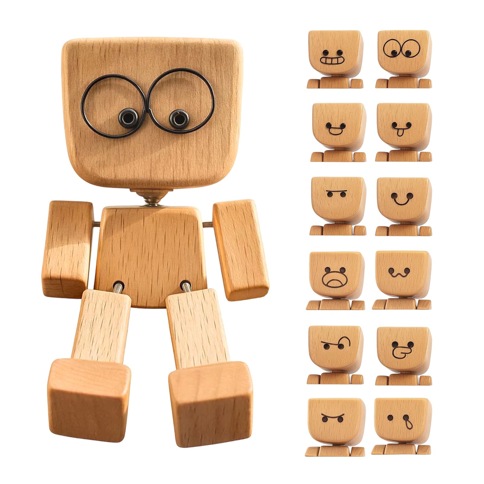 KRENIE Wooden Bobble Head Dashboard Figurine with 12 Magnetic Face Plates