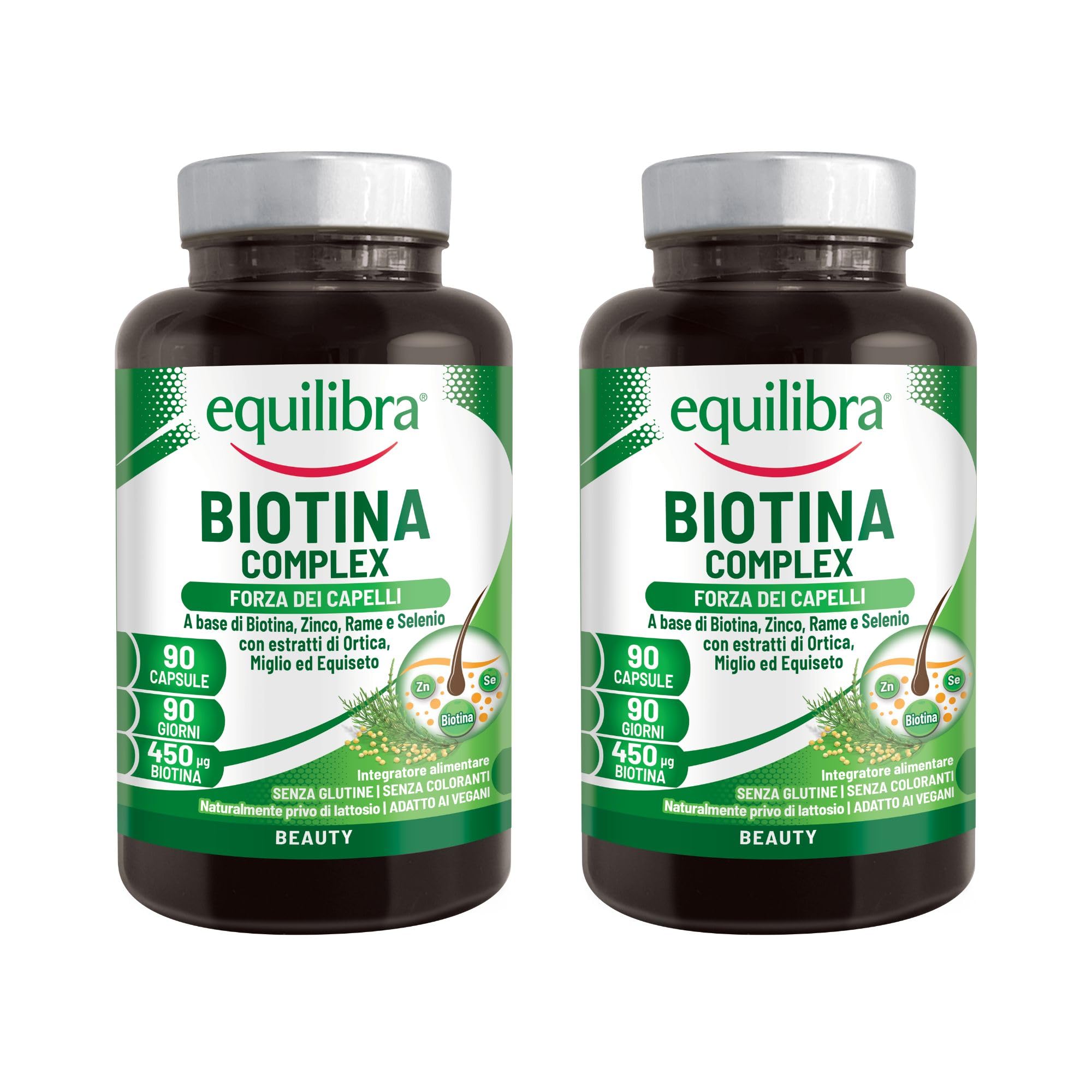 Equilibra Biotina Altodosata 450 mcg, per Capelli e Unghie, con Zinco, Rame, Selenio, Estratti di Ortica, Miglio, Equiseto, Vegan, Senza Glutine, Privo di Lattosio, 2 Pezzi da 90 Capsule