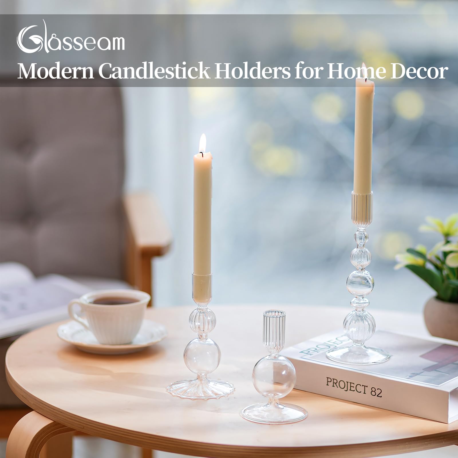Glasseam Glass Candle Sticks Holder: Clear Taper Candle Holder Set of 3 Coloured Candlesticks Bubble Candle Holders for Living Room Candlestick Holders for Home Decor Party Tables Decoration - Image 2