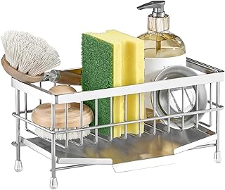 PAVSTINE Organizador Fregadero Cocina de 304 Acero Inoxidable, Escurridor Fregadero con Bandeja de Drenaje Extraíble, Soporte Esponja para Encimera Cocina, Kitchen Organizer Fácil de Limpiar, Plateado