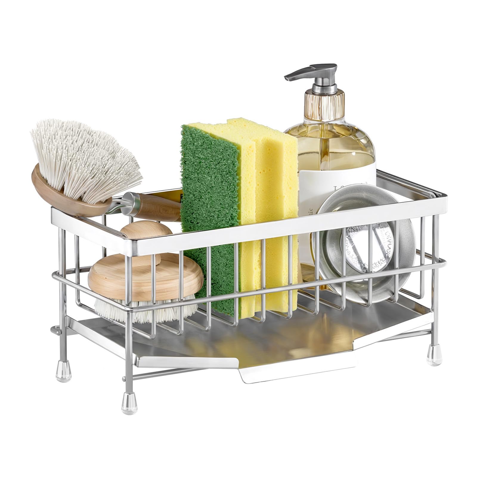 PAVSTINE Porta Spugne Lavello Cucina in 304 Acciaio Inox, Portaspugne per Lavello con Raccogli Gocce Scolapiatti Rimovibile, Portaoggetti Spugne per Cucina Appoggio, Kitchen Organizer Facile da Pulire