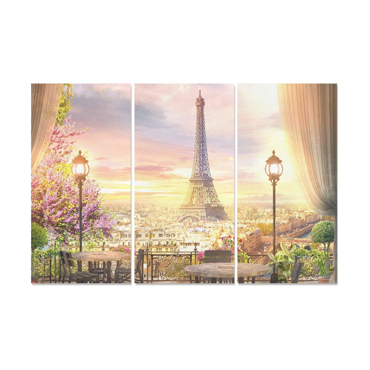 YUMOING3 Panel Canvas Wall Art Beautiful View Balcony Cafe On Paris Wall Art Canvas Prints Wall Decor for Home Living Room Bedroom Bathroom Wall Decor Posters 15"x30"/Piece