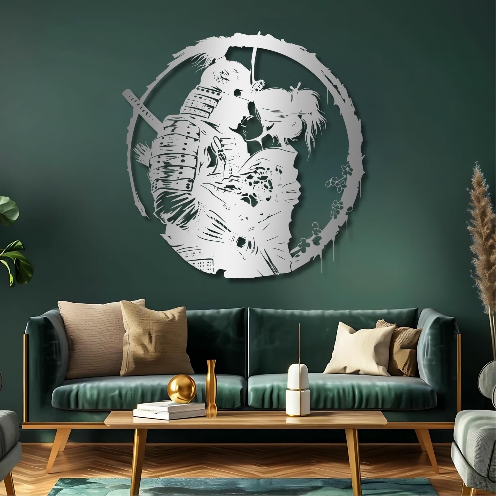 Arte de Pared de Metal Negro con Figura de Geisha samurái, decoración de Pared Japonesa de Metal, Escultura Moderna de Arte samurái para Sala de Estar, Dormitorio, Pasillo y escaleras (Plate