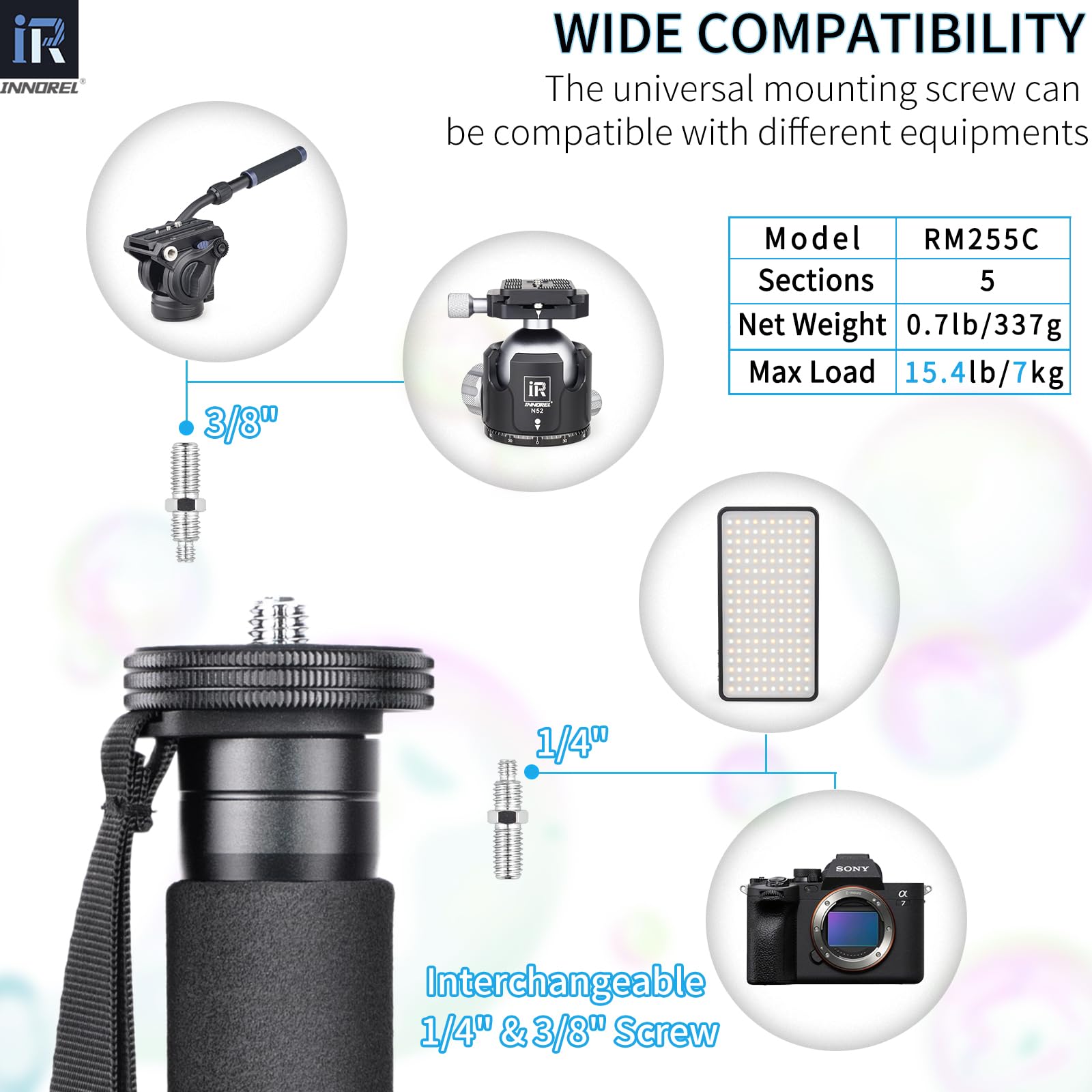 INNOREL RM255C Monopod z włókna węglowego Kompaktowy i lekki 5-sekcyjny monopod podróżny do Canon Nikon Sony DSLR Kamera DV Fotografia Wsparcie ładowania 7kg