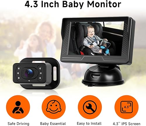 Miniatura 2 de Cámara de coche para bebé HD con orientación trasera para bebé con monitor de 4.3 pulgadas, visión nocturna IR, gran angular, fácil de instalar 360