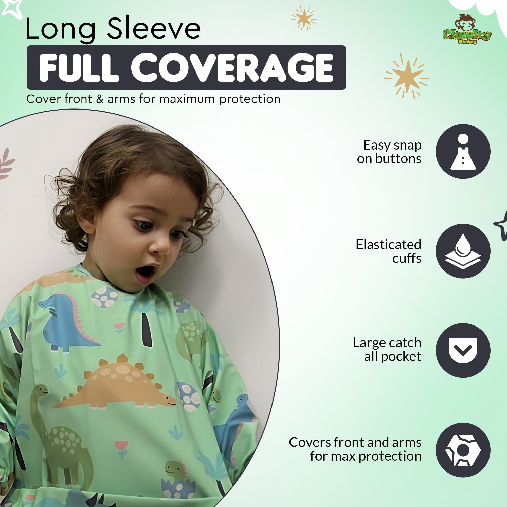 Cheeky Monkey Baby Bibs with Sleeves Waterproof, Green - Image 2