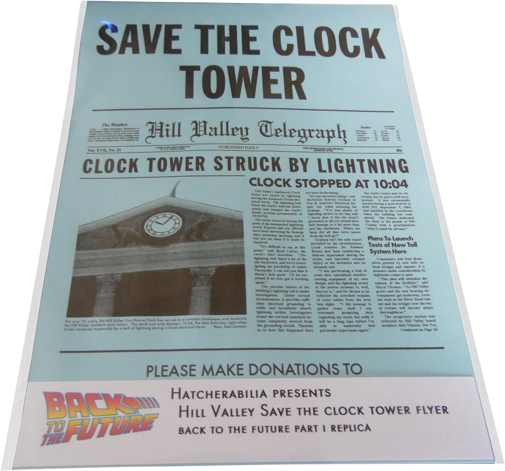 Back to the Future Hill Valley Save the Clock Tower flyer as given to Marty McFly and Jennifer