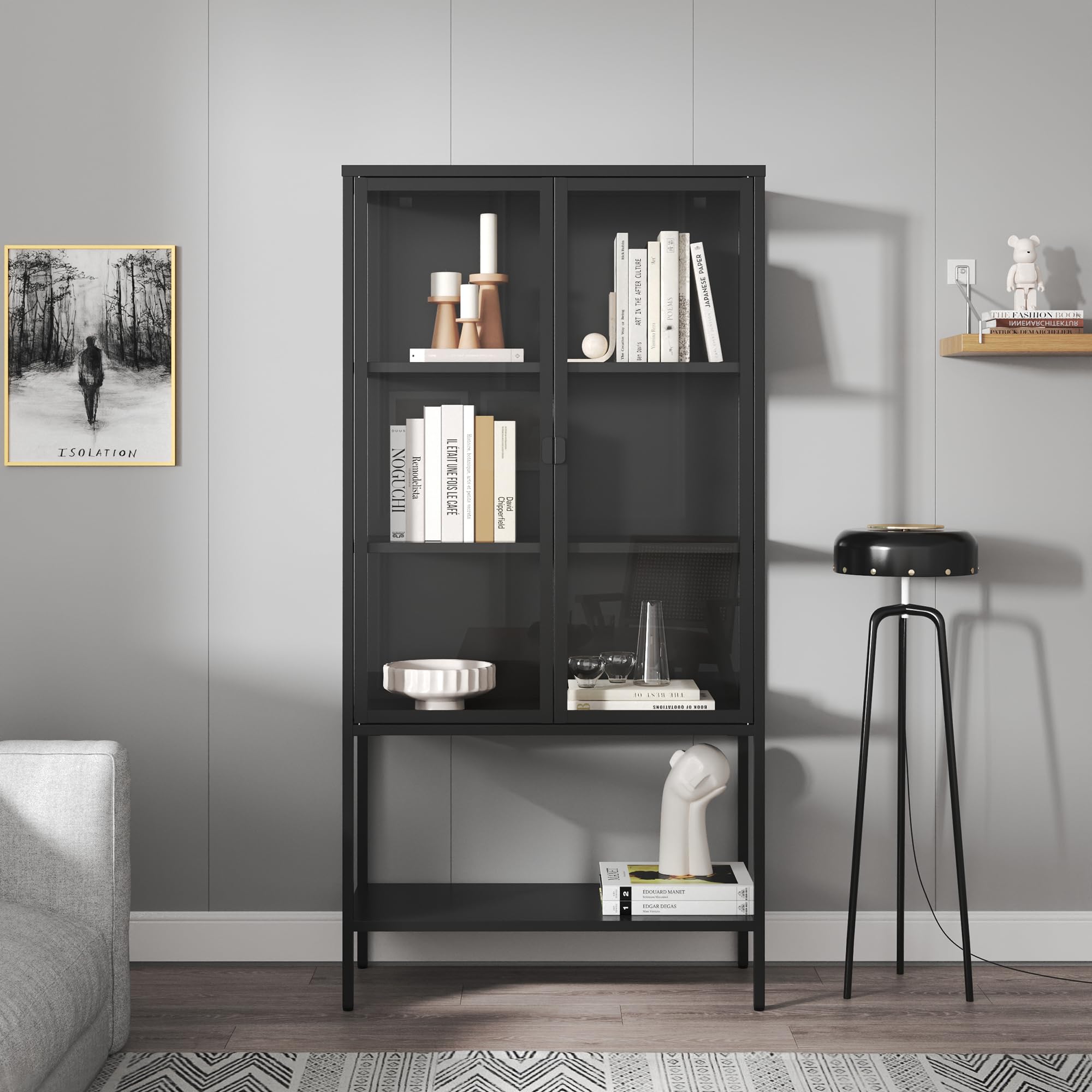 [en.casa] Vitrinenschrank Borshavisa Bücherschrank mit 3 Fächern untere Ablage 160 x 80 x 35 cm Küchenschrank mit 2 Glastüren Mehrzweckschrank Vitrine Metallschrank Schwarz